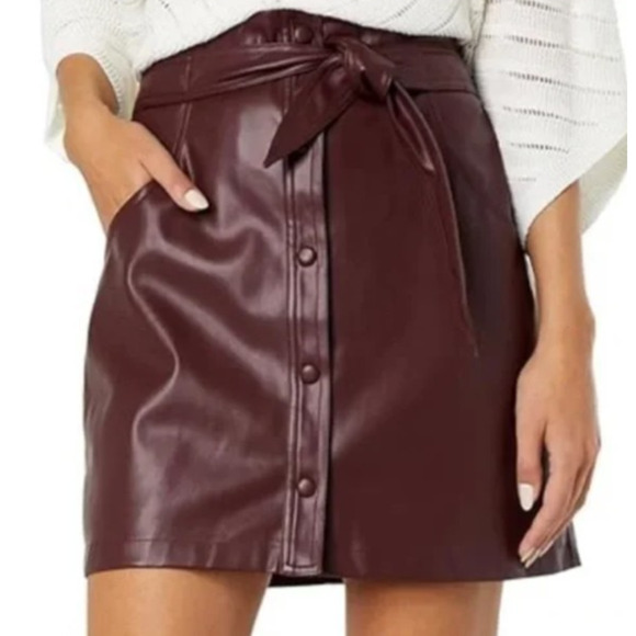 Bishop & Young Burgundy Vegan Leather Mini Skirt Small Button Up Tie Waist Retro - Picture 1 of 11